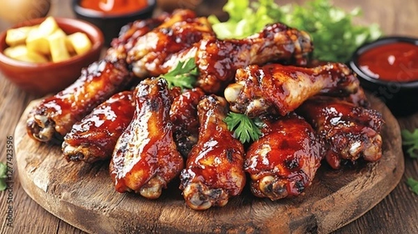 Obraz BBQ chicken wings with fries and sauce.