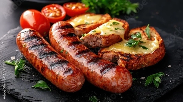 Fototapeta Grilled sausages served with toasted bread topped with melted cheese and cherry tomatoes, garnished with fresh herbs on a black slate plate.