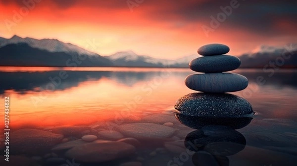 Obraz Serene Sunset: Stacked Stones Reflecting in Calm Lake Waters