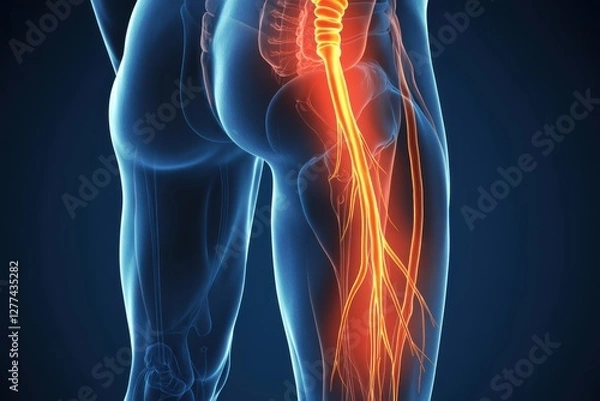Fototapeta Clean Anatomical Depiction of the Lower Body, with a Glowing Red Line Tracing the Sciatic Nerve from the Lower Back Down the Leg, Representing Sciatic Pain