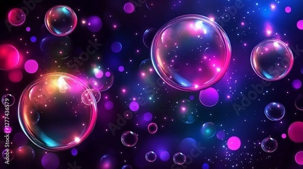 Fototapeta Dreamy Bubbles: An Abstract Neon Galaxy with Floating Spheres and Stars