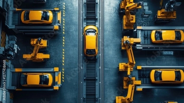Obraz Top view, Car production line with robot arms in a car factory, photo of a modern automotive plant using robotic arms to build cars on the assembly lines,