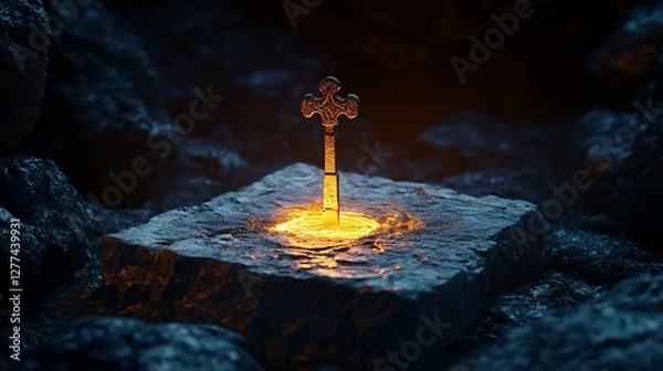 Fototapeta Mystical Key on Stone Pedestal with Golden Glow: Fantasy Concept Art