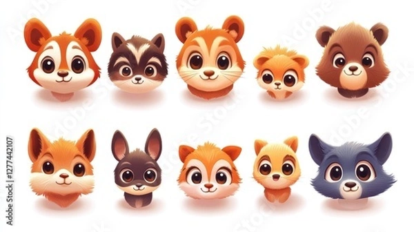 Fototapeta Cute cartoon animal heads in various colors and styles, isolated on white background.