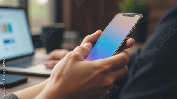 Fototapeta Close-up of hands holding a smartphone, displaying a gradient screen.  A laptop and phone are blurred in the background, suggesting work or online activity.