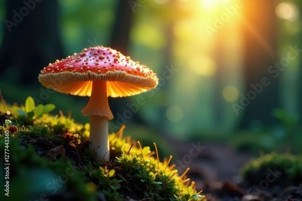 Fototapeta Fungal cap glows softly in sunlight filtering through forest canopy, woodland, glowing mushroom, nature