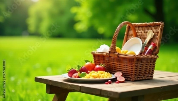 Fototapeta Full picnic basket and spread on wooden table in green field , summer, spring