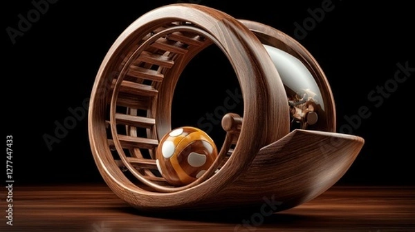 Fototapeta Wooden sphere rolling in a curved, intricate track.
