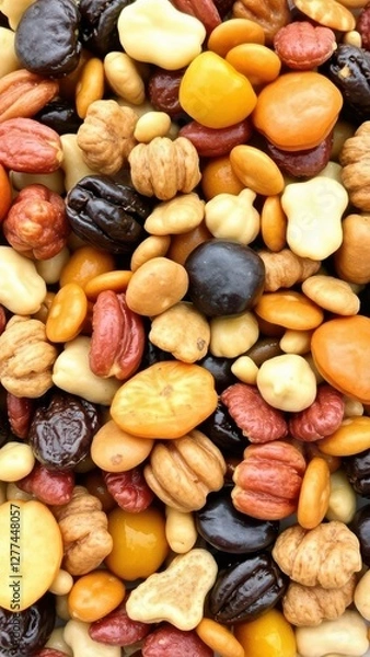Fototapeta a close-up view of a mixed trail mix, featuring a variety of dried fruits, nuts, and seeds with different textures and colors