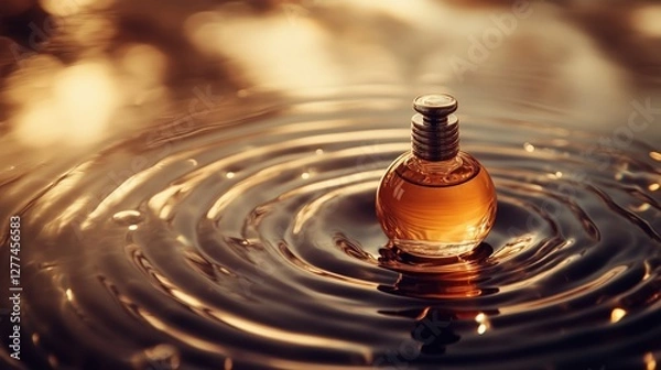 Fototapeta A close-up shot of a perfume bottle floating on soft rippling water with a golden hue