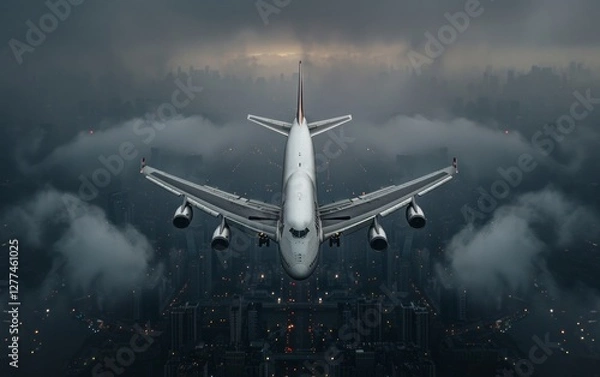 Fototapeta Aerial Ascent: An imposing airliner soars through a tapestry of clouds, its silhouette stark against the darkening sky and the cityscape lights below. A symbol of journey and global reach.