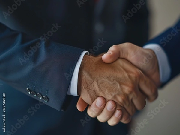 Fototapeta Two business professionals shaking hands in formal suits with visible sleeve details, symbolizing partnership, agreement, and trust, against a simple and clean background, ideal for corporate, teamwor
