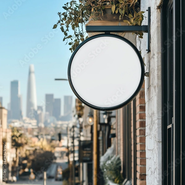 Obraz 街角に佇む、シンプルな白い円形看板