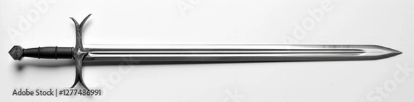 Fototapeta A long sword with its blade pointing to the right, on a white background.