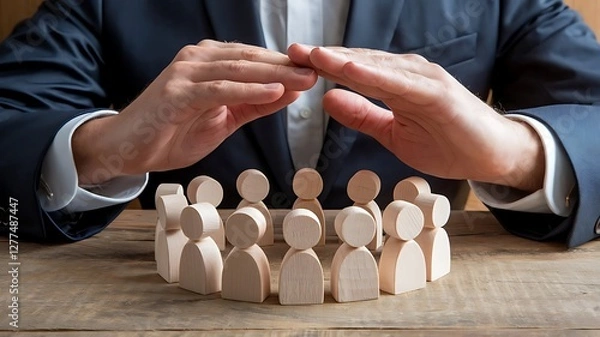 Fototapeta Business employer executive manager protecting rights of employees. Man holding hands over group of small little wooden human doll figures on table. Metaphor for care, protection and safety at work