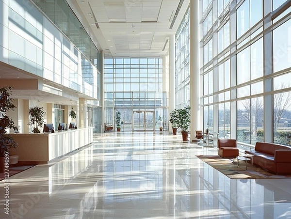 Fototapeta Bright and spacious modern office lobby with large glass curtain walls, sunlight streaming in through the windows, creating a warm and inviting atmosphere.