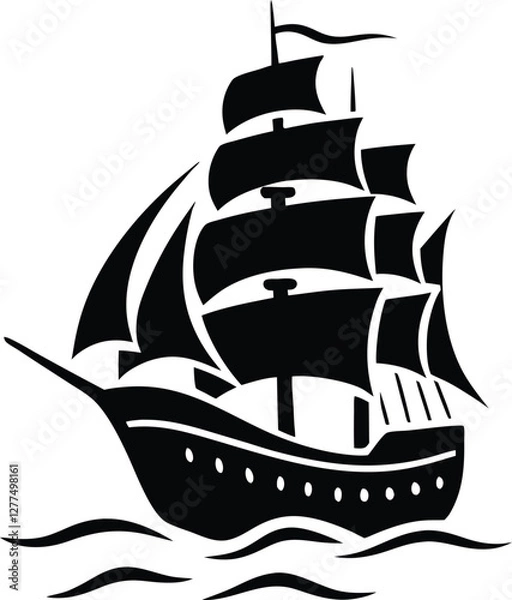 Fototapeta Stylized pirate ship with multiple sails, sailing across the sea with a bold and detailed design
