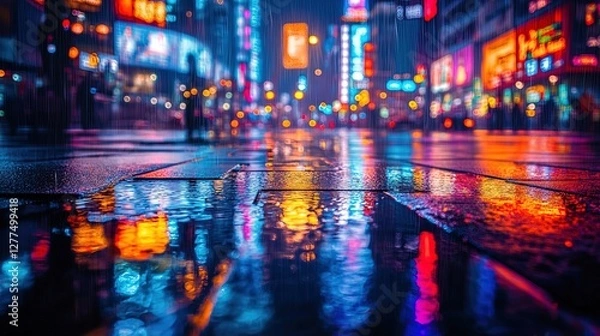 Fototapeta A dynamic cityscape at night with glowing neon lights and reflections on wet pavement, cinematic and moody