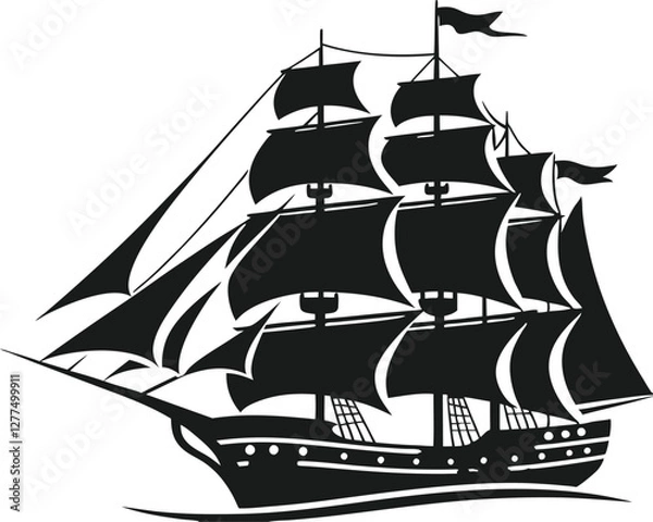 Fototapeta Stylized pirate ship with multiple sails, sailing across the sea with a bold and detailed design