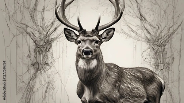 Fototapeta beautiful male deer in pencil sketch generative ai