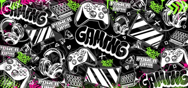 Fototapeta Gaming vector background illustrations. Retro video game graphic icon elements in graffiti style