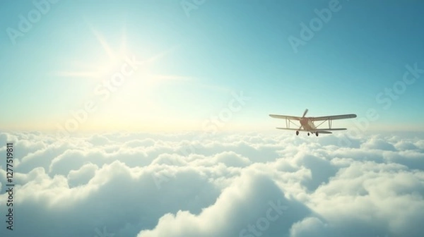 Obraz Biplane flying above fluffy clouds at sunrise.