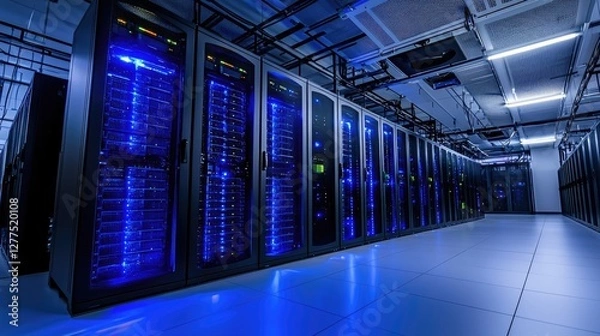 Fototapeta Modern server room with glowing blue data racks, showcasing cloud computing, cybersecurity, and digital storage infrastructure. Ideal for technology and IT concepts