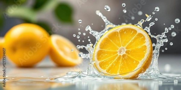 Fototapeta Fresh and juicy lemon slices splashing in water with bokeh background, perfect for beverage advertising, lemon, ai generated, water