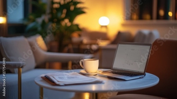 Fototapeta Housing costs comparison by a solo traveler in a boutique hotel lounge. Featuring independence and calculated planning