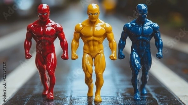 Fototapeta Three colorful action figures in dynamic pose walking on a wet street with blurred background