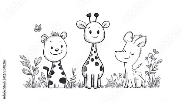 Fototapeta Cute cartoon animals, giraffes and a cub, in a simple, black and white drawing, with plants and a butterfly.