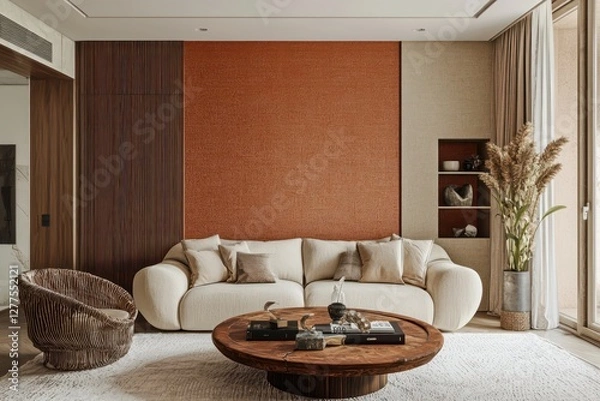 Fototapeta Sofa and wall in new trend color set the tone in stylish living room, 3D.