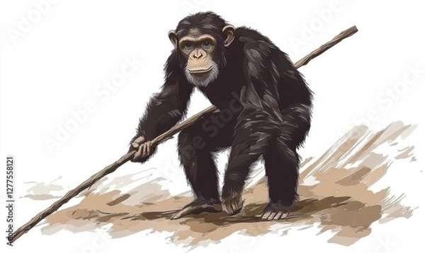 Obraz A chimpanzee using a stick as a tool while exploring a natural habitat, showcasing intelligence