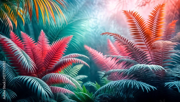 Fototapeta Smooth camera flight over palm leaves into tropical forest