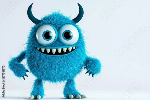 Fototapeta minimal photostock of a  Cute blue furry monster 3D cartoon character , isolated on white background,  , copy space, copy space for text,