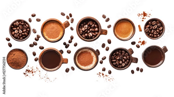 Fototapeta A beautiful display of various coffee preparations featuring beans, ground coffee, and different cups of coffee ready for tasting and enjoyment.