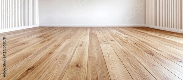 Obraz minimal photostock of a  empty living room with vintage oak floor and striped vinyl wallpaper , isolated on white background,  , copy space, copy space for text,