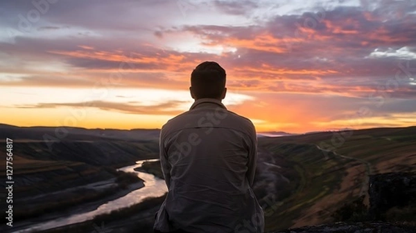 Fototapeta Awe-inspiring magnificence of a sunrise on horizon, with its ethereal hues, boundless oceanic expanse, and profound intermingling of earth and sky