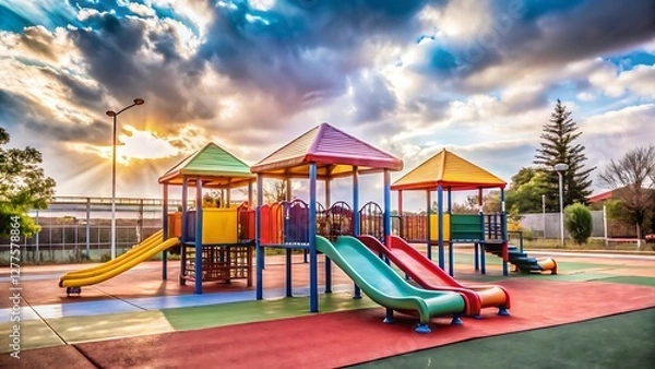 Fototapeta Vibrant childrens playground with colorful slides and towers under a blue sky with clouds