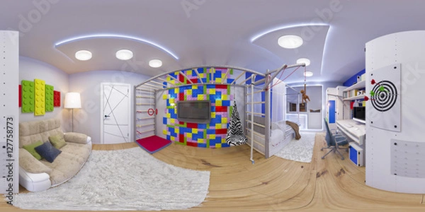 Obraz 3d illustration spherical 360 degrees, seamless panorama of children's room interior design. Design a child's room for a boy in bright color tones