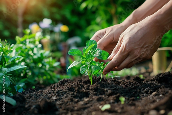 Fototapeta Planting new seedlings in the garden with a watering can