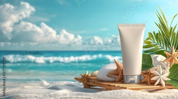 Obraz Tinted sunscreen cream tube standing upright on a wooden beach chair with ocean waves in the background providing a relaxing and rejuvenating summer beach scene with copy space