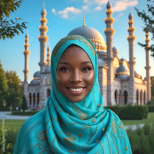 Obraz A woman wearing a hijab with a magnificent mosque in the background