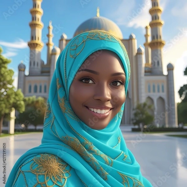 Obraz A woman wearing a hijab with a magnificent mosque in the background