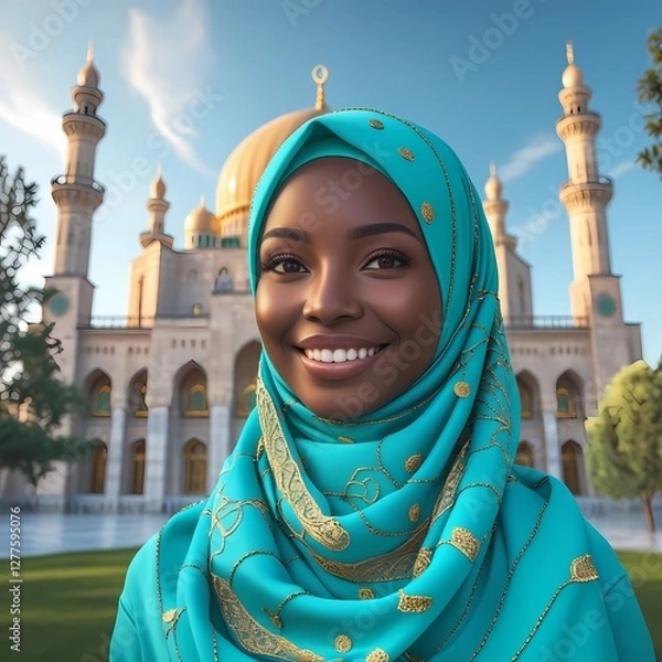 Obraz A woman wearing a hijab with a magnificent mosque in the background