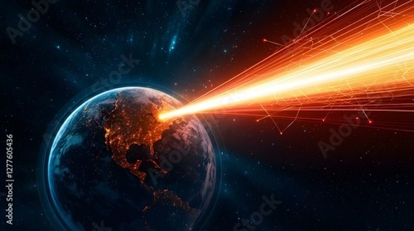 Fototapeta The image shows a vibrant depiction of Earth with a bright, fiery beam of light and energy emanating from space and striking the planet, particularly emphasizing North America.A medium description se