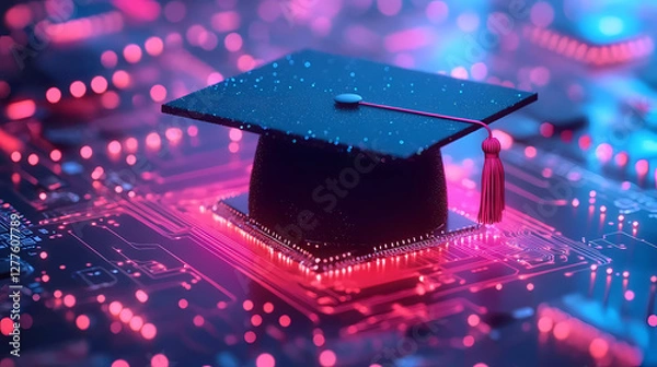 Fototapeta Graduation Cap on Circuit Board: A Symbol of Digital Education Triumph