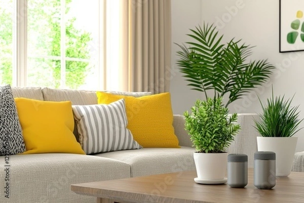 Obraz Serene living room interior with bright yellow pillows and lush green plants creating a cozy and inviting atmosphere with natural light and modern decor