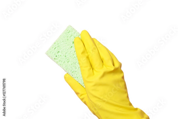Obraz Spring cleaning, hand in a yellow rubber glove with a cleaning sponge, isolated on white background, PNG