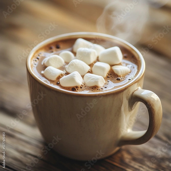 Fototapeta Steaming Cup of Hot Chocolate with Marshmallows on Wooden Table